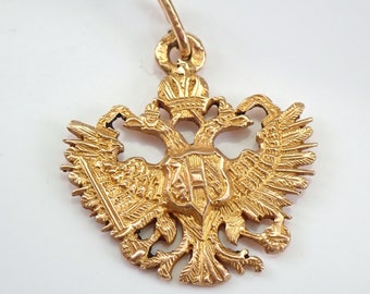 Solid 14K Gold Vintage Double Headed Eagle Charm, Russian Two Headed Eagle Pendant, 14K Yellow Gold Vintage Russian Coat of Arms Charm