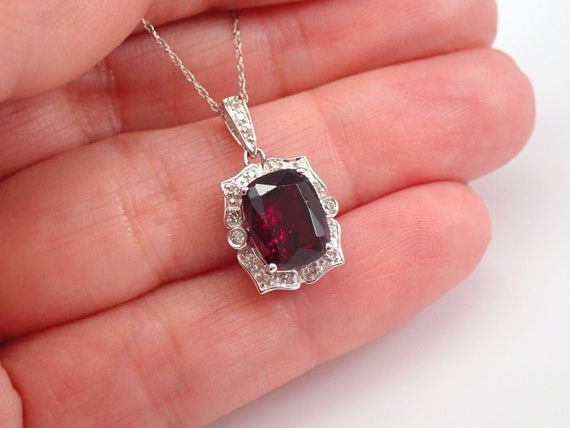 Genuine Garnet Necklace - 14K White Gold Cushion Cut Gemstone Pendant - Natural Diamond Halo Setting - January Birthstone Gift