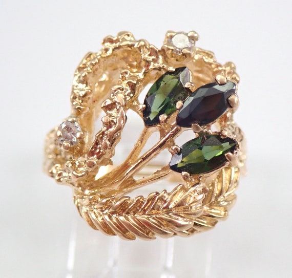 Green Tourmaline and Sapphire Ring - Vintage 14K Yellow Gold Nugget Setting - Estate GalaxyGems Diamond Jewelry