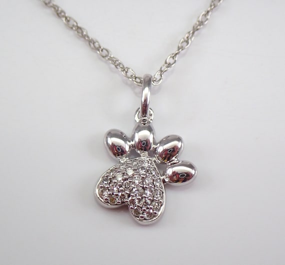 Diamond PAW Print Necklace - Solid White Gold Puppy Dog Charm - Unique Gift for Dog Pet Lover