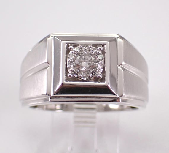 Mens White Gold Diamond Pinky Ring - Unique Halo Cluster Engagement Proposal - Square Anniversary Jewelry Gift for Him