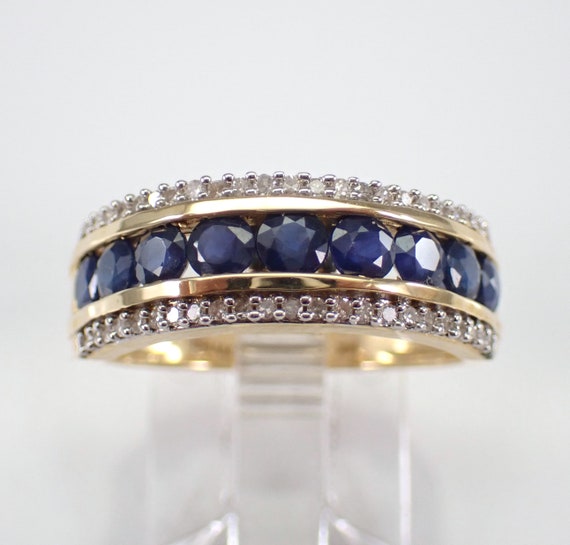 Sapphire and Diamond Wedding Ring - Solid 14K Yellow Gold Anniversary Band - September Birthstone Jewelry Gift