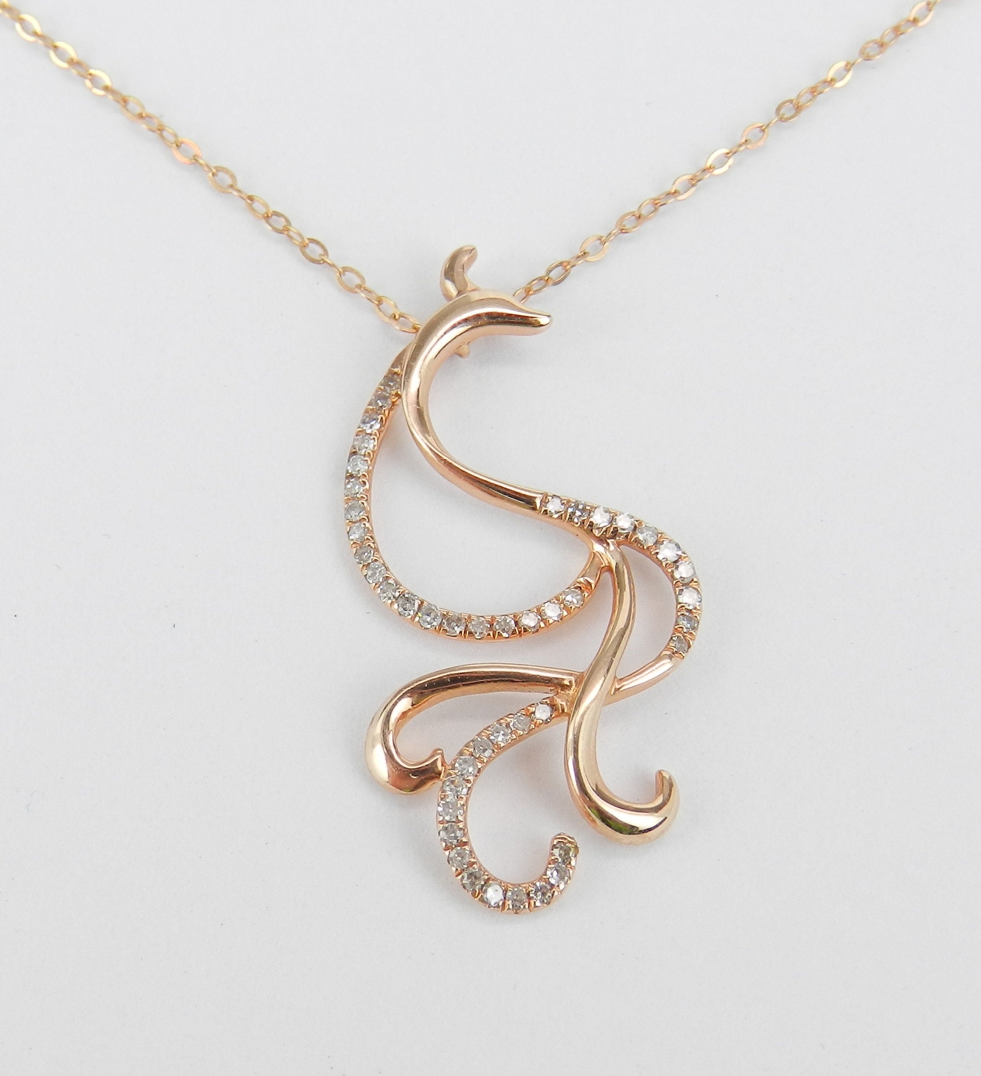 14K Rose Gold Diamond Phoenix Pendant Necklace Chain 17 Unique Design
