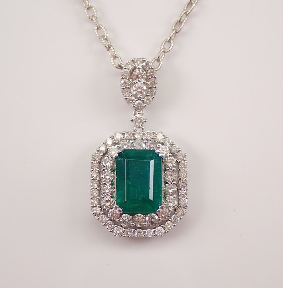18K White Gold Columbian Emerald Necklace - Diamond Halo Dangle Charm Pendant and Chain - May Gemstone Fine Jewelry Gift
