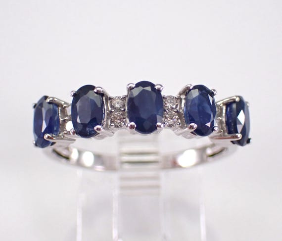 White Gold Sapphire Wedding Ring - Stackable Diamond Anniversary Band - Gemstone Bridal Fine Jewelry Gift