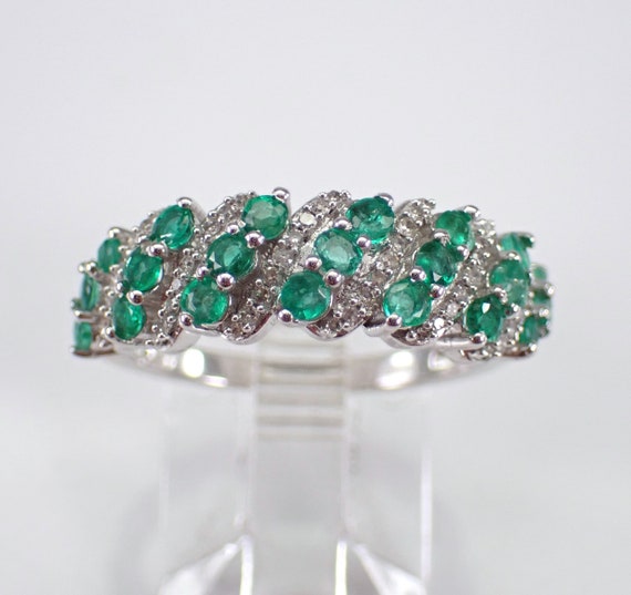 Emerald and Diamond Wedding Ring, White Gold Anniversary Band, GalaxyGems Gemstone Stacking Jewelry