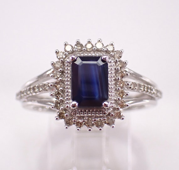 White Gold Sapphire Ring - Unique Diamond Halo Setting, Gemstone Engagement Promise Jewelry Gift