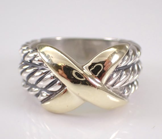 Authentic David Yurman Crossover X Ring - 14K Yellow Gold and Sterling Three Row Band, Two Tone Vintage Designer Jewelry