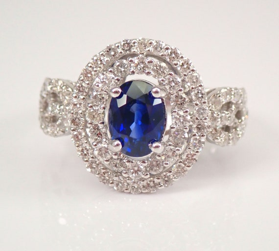 Large Sapphire and Diamond Ring - 18k White Gold Double Halo Setting - Gemstone Bridal Engagement Gift