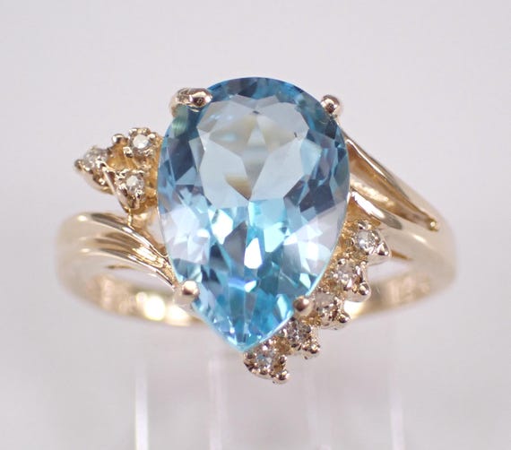 Vintage 14K Yellow Gold Blue Topaz and Diamond Ring: Teardrop Engagement Promise Setting