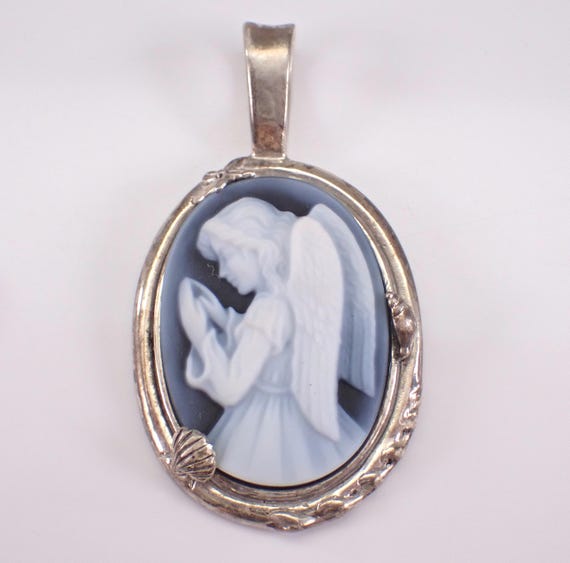 Sterling Silver Blue Agate Cameo Angel Charm Pendant: Unique Antique Vintage Drop