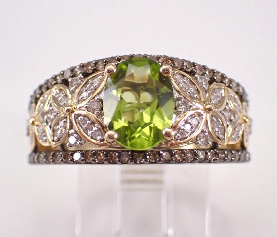 14K Yellow Gold Peridot Engagement Ring - Brown Diamond Flower Setting - August Birthstone Fine Jewelry Gift