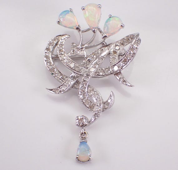 Vintage 18K White Gold Opal and Diamond Brooch: Antique Gemstone Dangle Pendant Pin