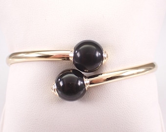 14K Yellow Gold Black Onyx Bangle Bracelet, Vintage Flexible Bypass Crossover Cuff