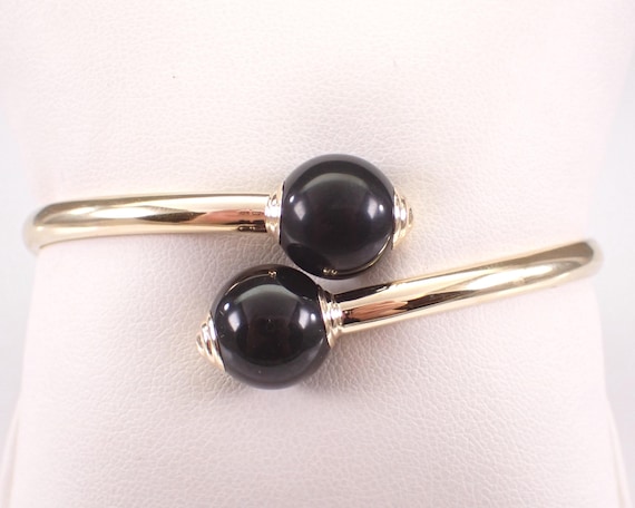 14K Yellow Gold Black Onyx Bangle Bracelet, Vintage Flexible Bypass Crossover Cuff