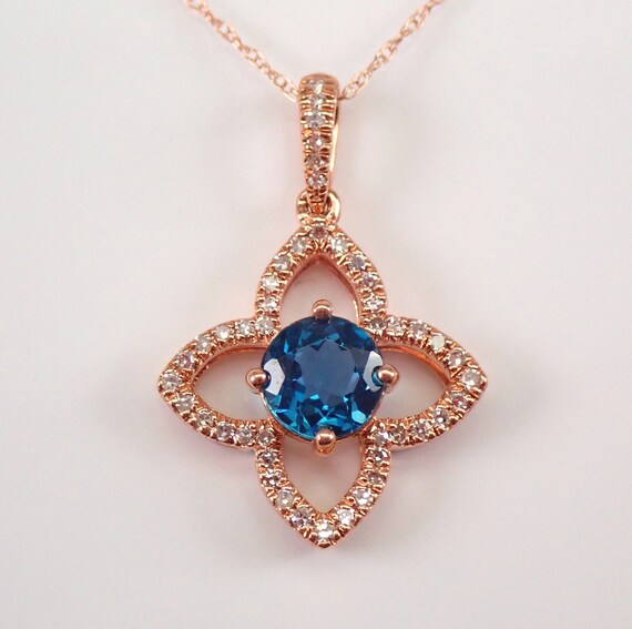 London Blue Topaz Halo Pendant - Rose Gold Clover Shape Necklace - Genuine Diamond Setting - Gemstone Slide Charm