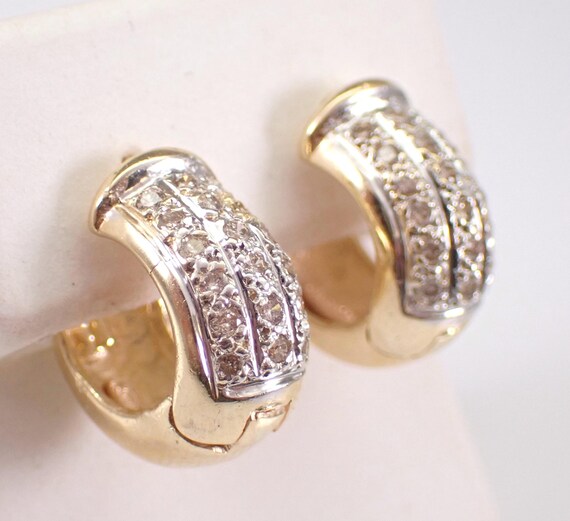 Vintage 14K Yellow Gold Diamond Huggie Hoop Earrings