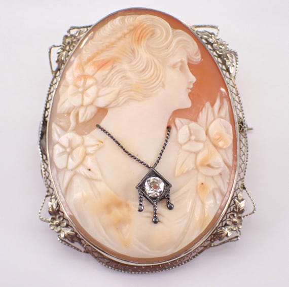 Antique 14K White Gold Cameo Brooch, Vintage Diamond Set Convertible Pendant
