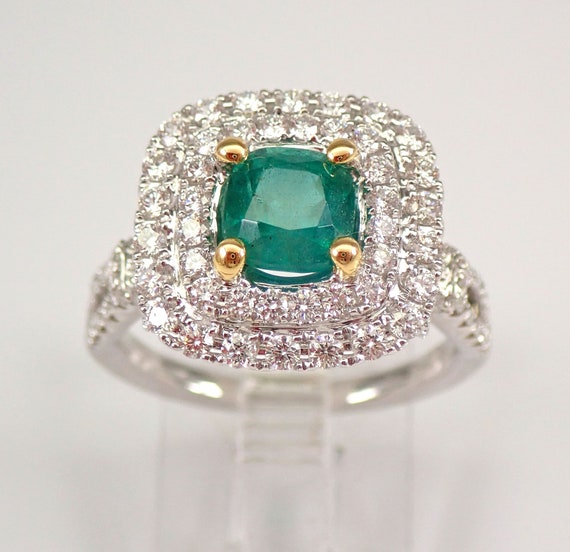 18K White Gold Emerald Engagement Ring - Cushion Cut Halo Diamond Setting - Gemstone Bridal Jewelry Gift
