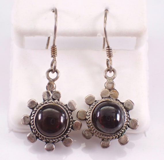 Sterling Silver Vintage Garnet Earrings - Unique Dangle Gemstone Drops on Kidney Wire