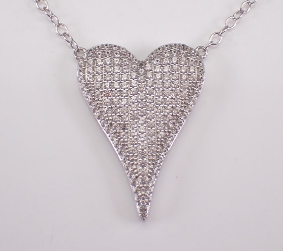 Vintage Sterling Silver Heart Charm Necklace, Cubic Zirconia Station Pendant and Chain