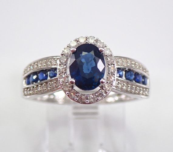 14k White Gold Sapphire Engagement Ring - Oval Diamond Halo Setting - Unique Multi Row Bridal Promise Band