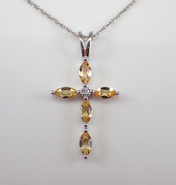 Citrine and Diamond Cross Pendant - White Gold Necklace and Thin Chain - Unique Religious Charm Choker Jewelry