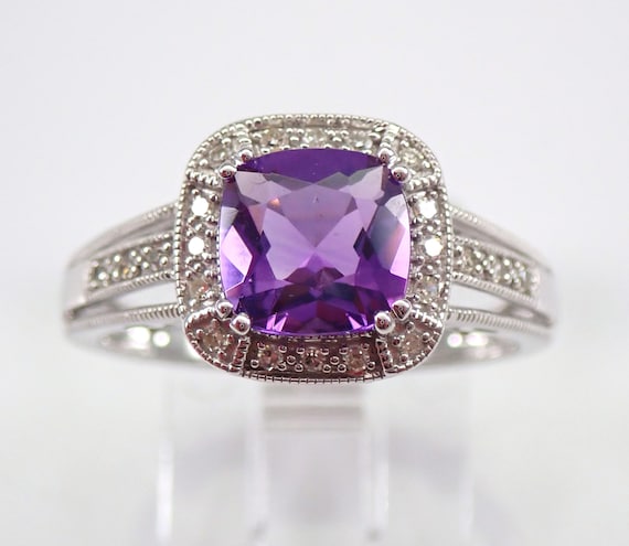 Amethyst Promise Ring - White Gold Gemstone Jewelry - Diamond Halo Engagement Ring Size - February Birthstone Gift