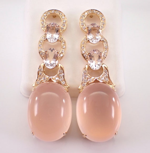 18K Yellow Gold Rose Quartz and Morganite Earrings, Large Gemstone and Diamond Dangle Drops, Cabochon Gem Stone Fine Jewelry Gift