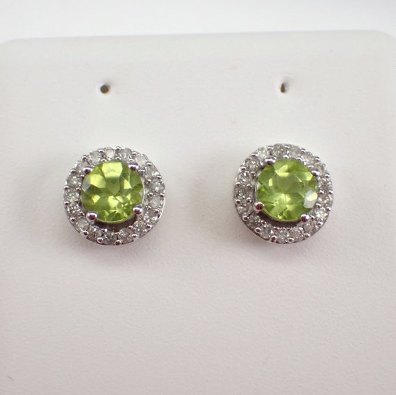 Genuine Peridot Stud Earrings - White Gold Diamond Halo Setting - August Birthstone Gemstone Gift