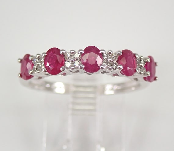 White Gold Ruby Wedding Ring - Diamond Anniversary Band - Gemstone Bridal Jewelry Gift