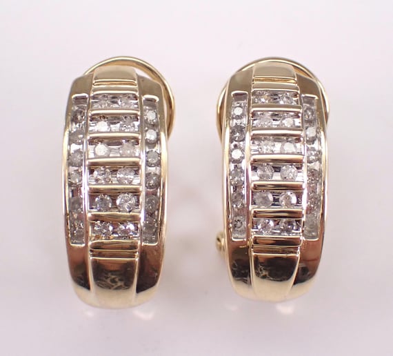 Yellow Gold Diamond Half Hoop Earrings: Vintage Estate Omega Clasp Huggies
