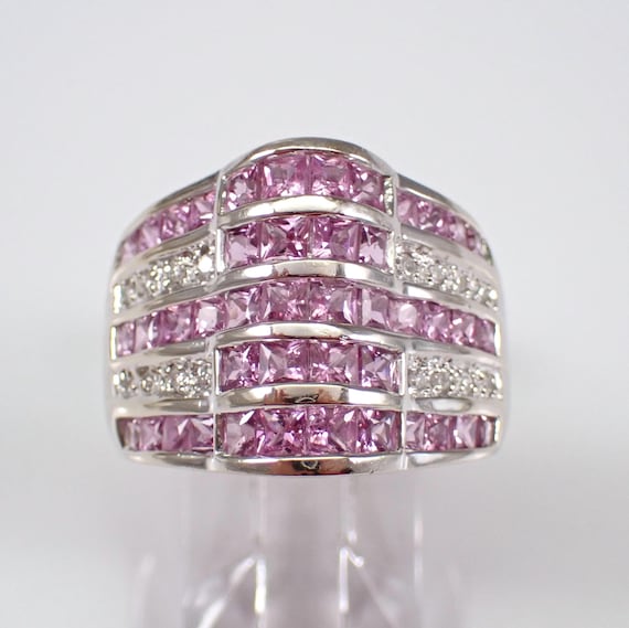 14K White Gold Pink Sapphire Anniversary Ring - Gemstone Wedding Cigar Band - Bridal Fine Jewelry Gift
