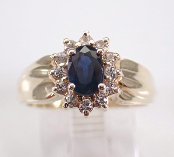 Vintage Sapphire Halo Engagement Ring - Yellow Gold Estate Fine Jewelry - September Birthstone Gift