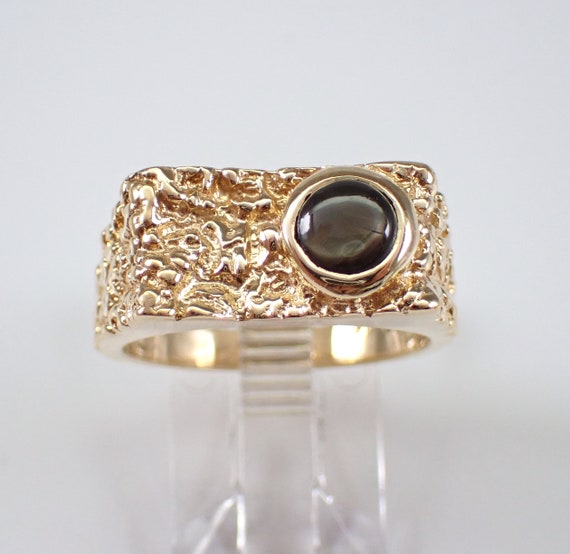 Vintage Black Star Sapphire Ring - Estate 14K Yellow Gold Nugget Band - Unique 60s Unisex Mens Pinky Jewelry