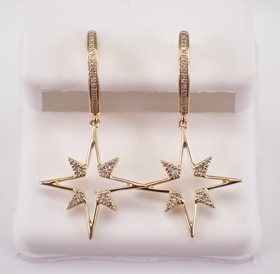 14K Yellow Gold Diamond Star Earrings - Unique Dangle Charm on Small Hoop - Celestial Fine Jewelry Gift