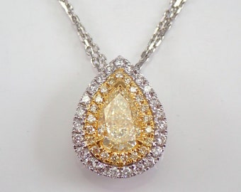 14K White Gold 1.43 ct Pear shape Canary Diamond Pendant Double Halo Necklace 18" Chain