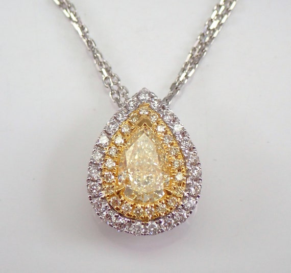 Canary Diamond Halo Necklace - 14K White Gold Yellow Teardrop Pendant and Chain - Unique GalaxyGems Bridal Jewelry