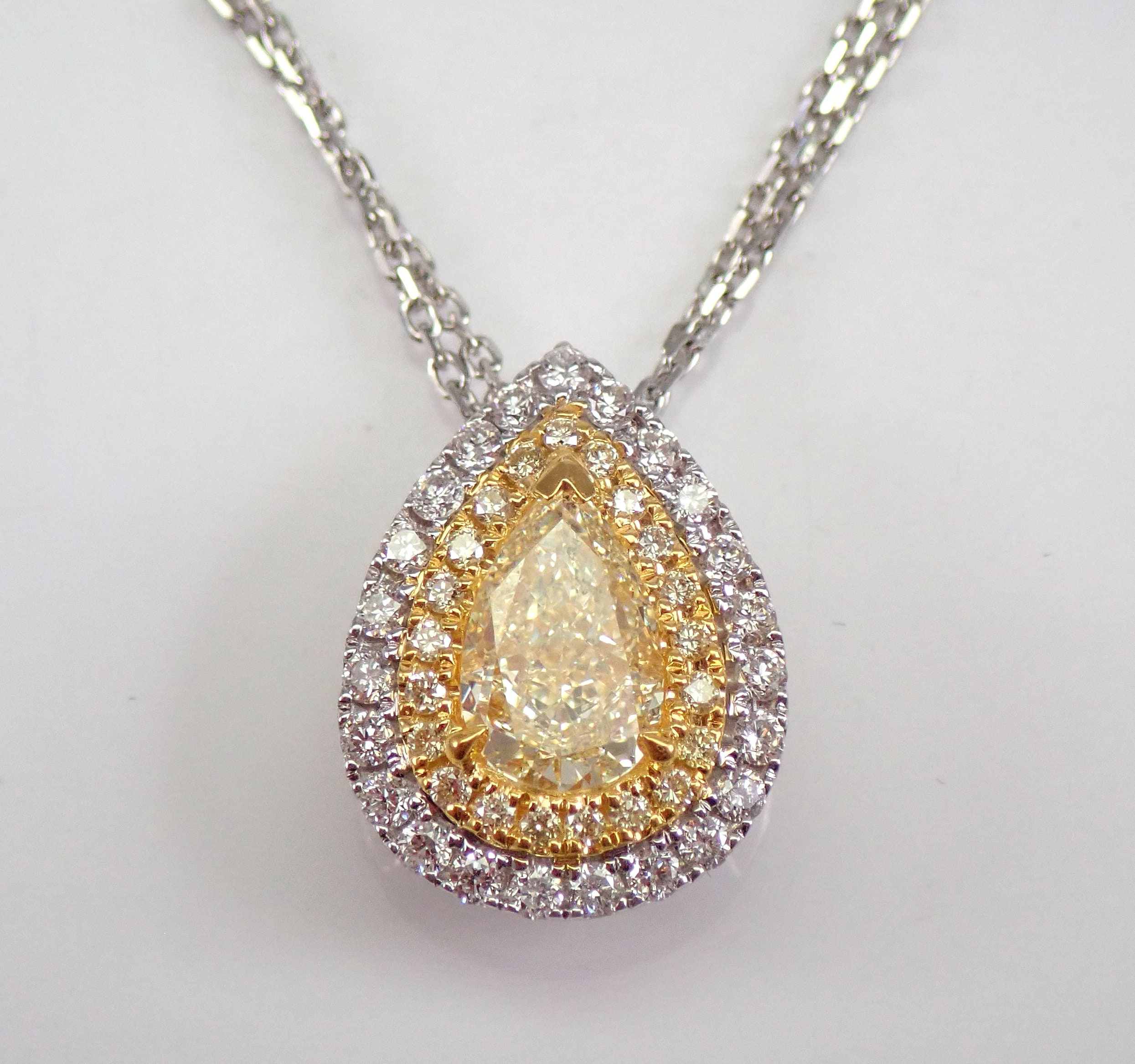 14K White Gold 1.43 ct Pear shape Canary Diamond Pendant