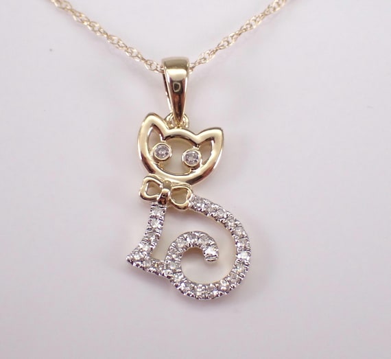 Yellow Gold Diamond Cat Charm Pendant - Adorable Kitten Necklace - Feline Animal Jewelry Gift