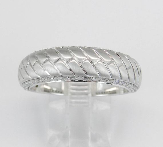 Unisex Braided Diamond Wedding Band, 14K White Gold Diamond Anniversary Ring, Mens or Womens Anniversary Band Size 10