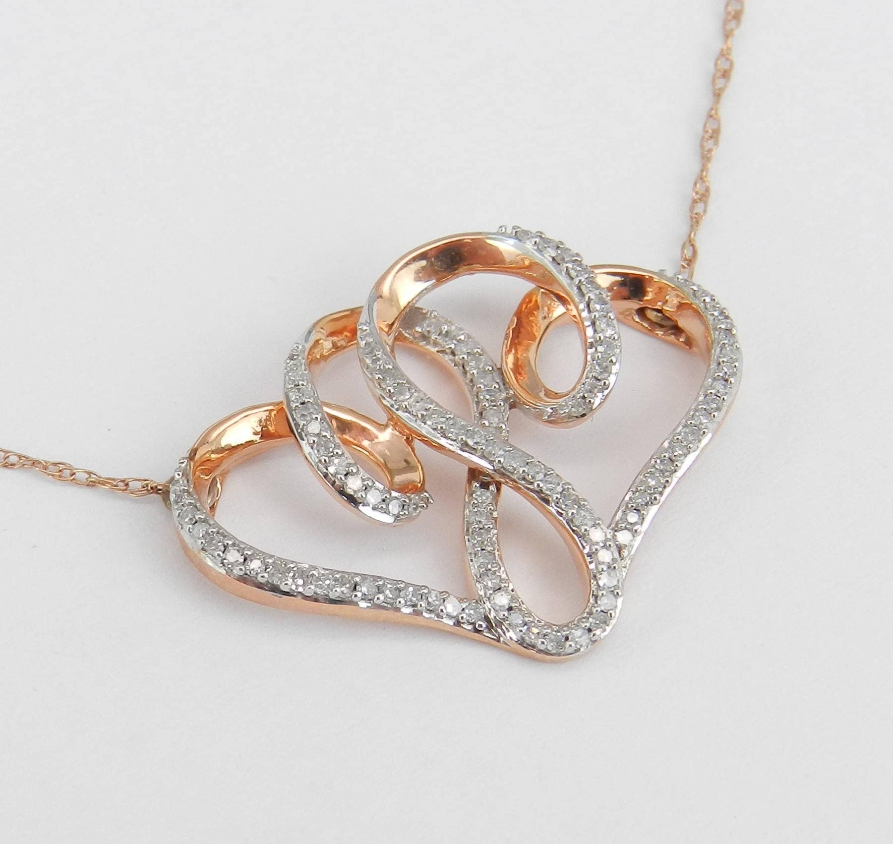Double Diamond Heart Pendant Rose Gold Necklace Chain 18 Wedding Gift