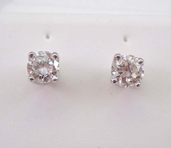 14K White Gold Diamond Stud Earrings - Four Prong Natural Round Brilliant Studs - Unique Genuine Fine Jewelry Gift