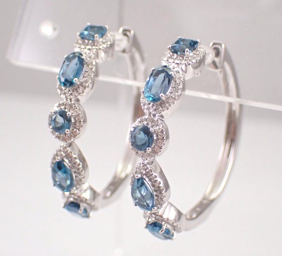Blue Topaz and Diamond Hoop Earrings - White Gold Large Gemstone Hoops - December Birthstone Fine Jewelry Gift