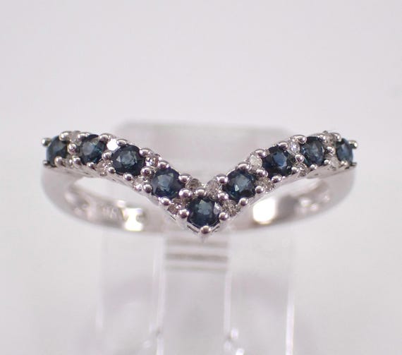 14K White Gold Sapphire Chevron Wedding Ring - Dainty Stackable Anniversary Band - Bridal Diamond Fine Jewelry Gift
