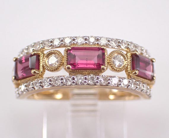 Yellow Gold Rhodolite Garnet Wedding Ring, Stackable Diamond Anniversary Band, January Three Stone Birthstone Gift