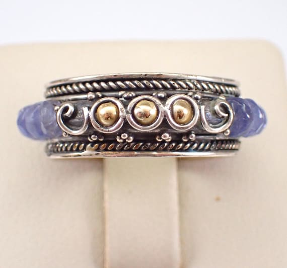 Vintage Sterling Silver and 18K Gold Tanzanite Ring - Gemstone Eternity Cigar Wedding Anniversary Band