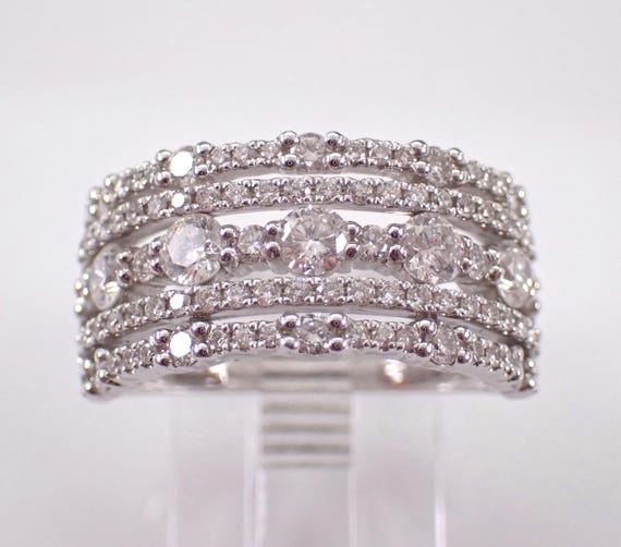 14K White Gold Diamond Anniversary Band - Wide Multi Row Wedding Ring - Unique Stackable Bridal Fine Jewelry Gift