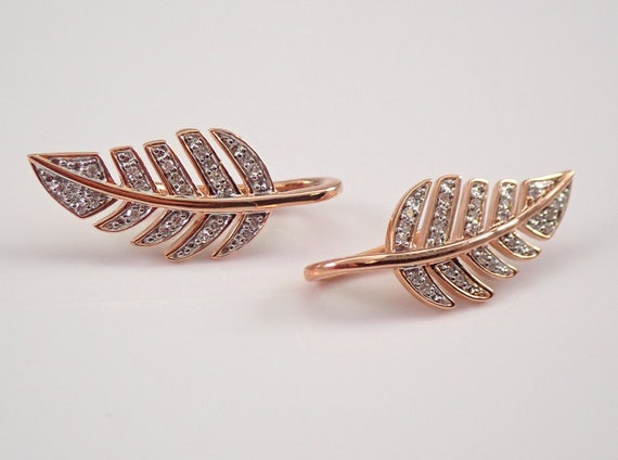 Rose Gold Diamond Feather Ear Climber, Genuine Diamond Ear Climbers, Modern Ear Crawler