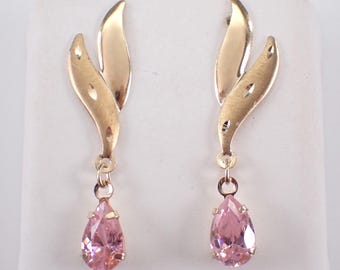 14K Yellow Gold Dangle Earrings - Unique Teardrop Pink Gemstone Drop - Vintage Fine Jewelry Bridal Gift
